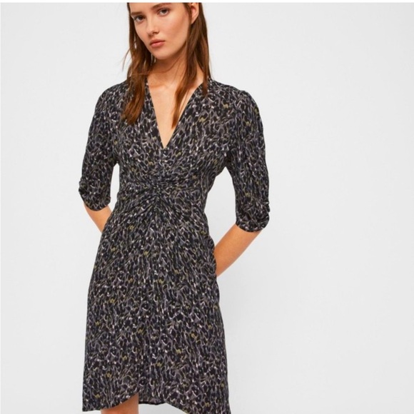 ALLSAINTS Josephine Waterleo Short Sleeve Ruched Leopard Print Mini Dress - Picture 1 of 12